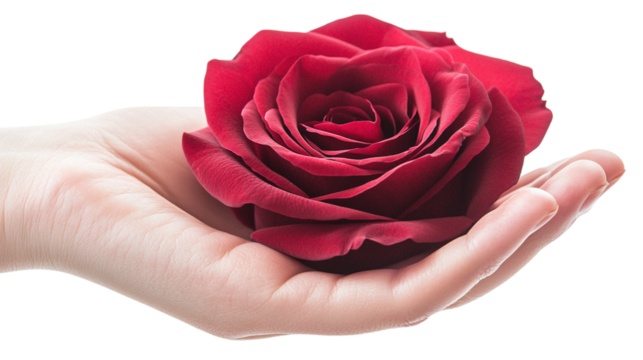 Hand holding a red rose isolated, perfect for romantic gift-giving, representing love, beauty, and elegance, ideal for Valentine's Day or special occasions.