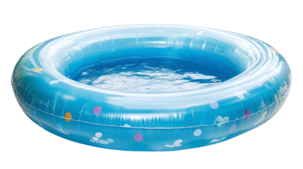 Inflatable blue rubber pool full of water isolated, ideal for summer fun, childhood leisure, and relaxation, featuring a round play ring and equipment.