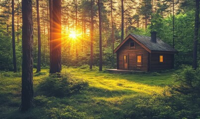 Peaceful forest cabin glowing warmly under the golden hues of a setting sun, surrounded by tranquil greenery