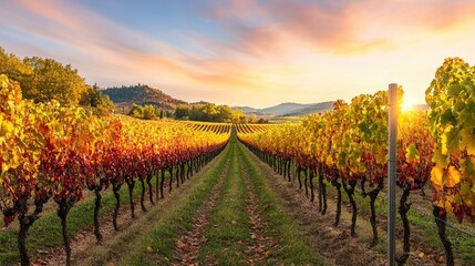 Fototapeta premium Vineyard with rows of grapevines in autumn colors, featuring vibrant yellow, orange, red leaves. Hills in the background under partly cloudy sky. Autumn harvest wine production theme. Generative AI