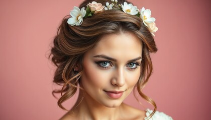 Naklejka premium A portrait of a young bride with an intricate floral hairpiece, set against a blurred pastel backdrop. The image captures her elegance, warm expression, and delicate hairstyle.