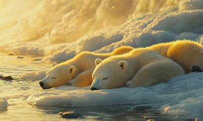 Fototapeta premium Close-up of polar bear cubs resting on icy terrain, illuminated by soft sunlight against a cold arctic backdrop, creating a peaceful wildlife scene .