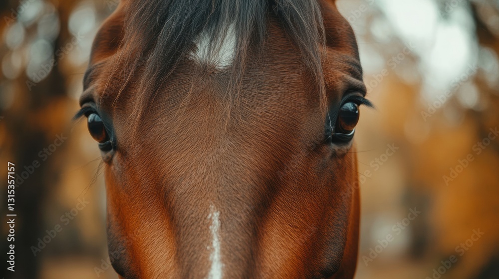 Poster close view of a brown horses face highlighting its expressive eyes in an autumn forest setting. gene