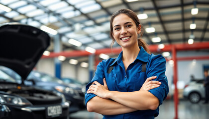 Young female mechanic smiling confidently while standing in an automotive repair shop with vehicles in the background, highlighting expertise and professionalism in car maintenance and repair services