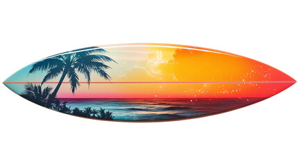 Vibrant surfboard with palm tree pattern isolated, perfect for summer, ocean sports, and beach holiday vacation-themed visuals.