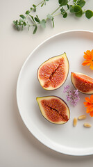 Figs cut in half, pine nuts, microgreens and edible flowers, served on a white plate, top view
