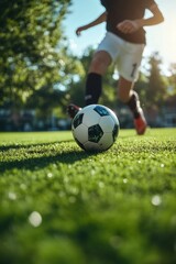 People playing soccer game in field.
