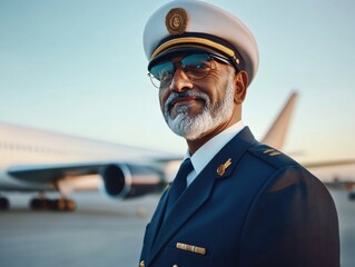 Experienced pilot posing confidently at the airport in bright sunlight