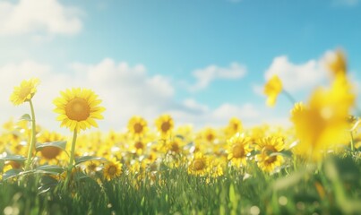 Fototapeta premium Scenic countryside view of a field of sunflowers under a bright blue sky, soft golden light illuminating the vibrant yellow petals, evoking joy and summer,