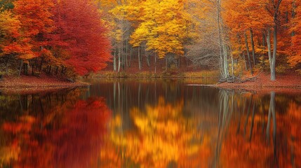 Fototapeta premium Vibrant red and yellow autumn trees reflected in a calm lake surrounded by golden reeds. Serene fall landscape in a wooded area with rich seasonal colors. Nature and tranquility concept. Generative AI