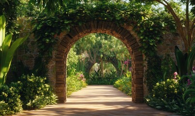 Obraz premium Scenic hidden garden with a rustic wooden archway, dappled sunlight, and lush greenery creating a fairytale-like ambiance