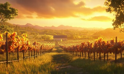 Scenic vineyard at sunset, with rows of grapevines glowing in golden light and a small farmhouse in the distance.