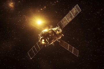 Satellite explores the cosmos in deep space near distant stars and celestial bodies