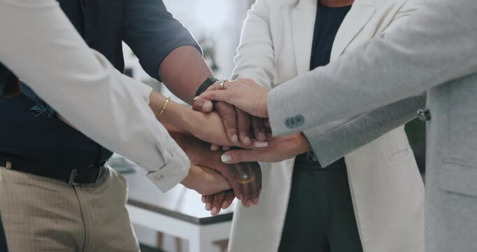 Group, hands and stack with motivation in office with solidarity, support and connection at startup. People, lawyers and team for synergy, link and trust in huddle for celebration, goals or career
