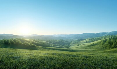 Fototapeta premium Scenic view of rolling green hills under a clear blue sky, illuminated by warm sunlight creating a peaceful rural landscape