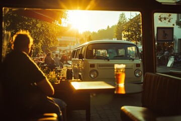 Golden Hour at the Outdoor Cafe: Vintage Van, Beer, and People Enjoying Evening Sun