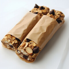 Energy bars with almonds, granola, and chocolate chips, wrapped in kraft paper