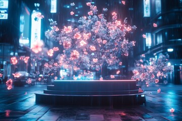 Blossoming Cherry Tree on Stage in Rainy Night Cityscape with Neon Lights and Petals