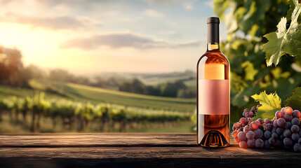 Fototapeta premium Elegant wine bottle rests on wooden surface in vineyard during sunset. Generative AI