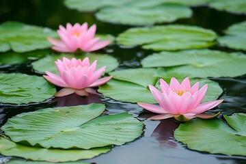 Pink water lilies bloom in garden pond
