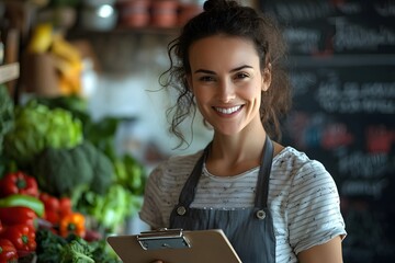 Professional female dietitian engaging with clients at a vibrant market. Generative AI