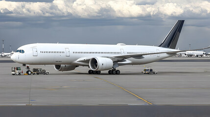 Sleek White Passenger Airplane Taxiing on Airport Tarmac Under Cloudy Sky