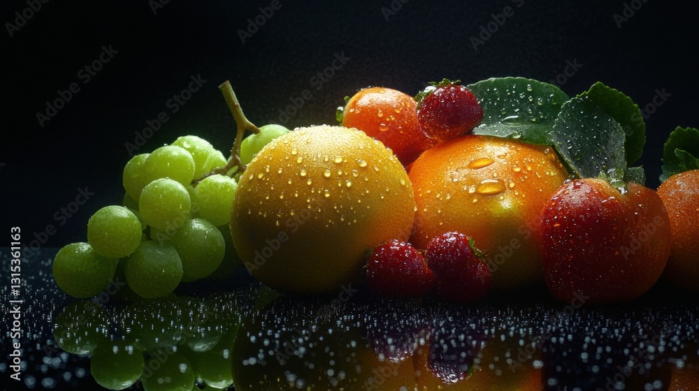 Poster fresh fruits glistening with droplets of water on a dark surface ready to be enjoyed. generative ai