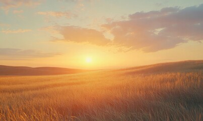 Fototapeta premium Serene rural landscape with golden wheat fields glowing under a warm sunset, creating a nostalgic and tranquil atmosphere