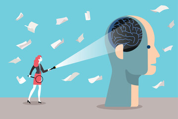 Psychologist exploring human mind with flashlight and magnifying glass