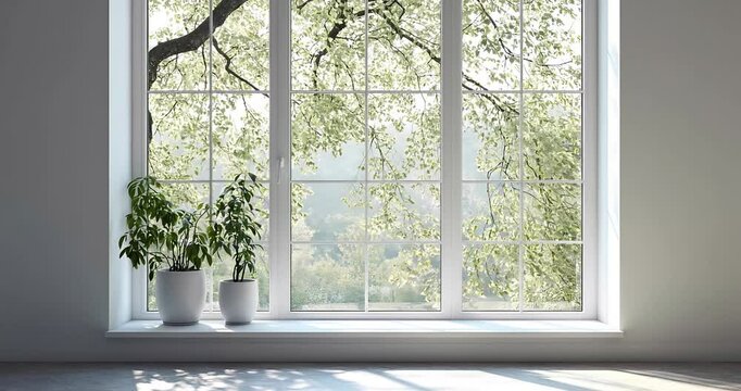 Modern minimalist light interior with large window and landscape view from the window. 4K video. Interior background for the presentation.