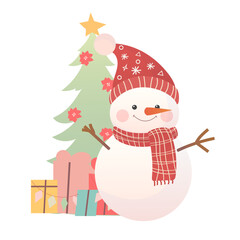 A cheerful snowman with gifts and a Christmas tree