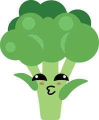 Broccoli cartoon character with kawaii face and cute expression, funny vegetable emoji sticker in green color for kids, healthy diet icons, flat art for decoration and food design use 