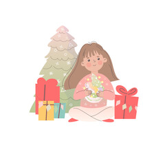 Preparing for Christmas holiday at cozy home. Girl with DIY festive paper decoration for Xmas. Woman during New Year preparations. Vector illustration isolated on white background
