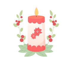 New Year's candle with branches and red berries. The candle is the center of the image, while the leaves and berries add a festive touch to the scene.