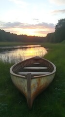 Fototapeta premium Wooden boat resting on a grassy riverbank during sunset