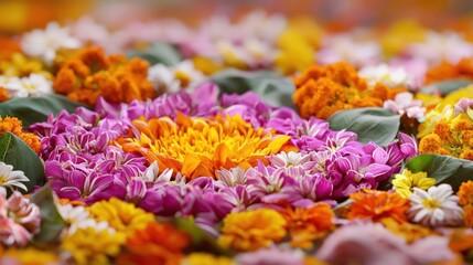 Vibrant Arrangement Of Floating Colorful Flowers Including Orange Pink And Purple Blooms With Green Leaves