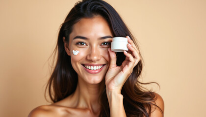 Fototapeta premium A woman holding a jar of skincare cream smiles warmly against a soft beige backdrop. Ideal for beauty, skincare, or wellness themes focusing on youthfulness, radiance, and skin care products.