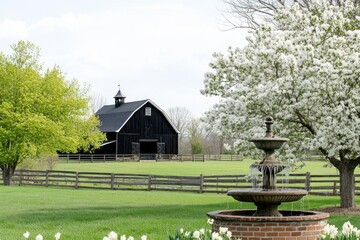 Fototapeta premium A charming black barn stands proudly next to a picturesque fountain, with vibrant blossoming trees all around, creating a serene rural landscape in the lush greenery of a spring afternoon