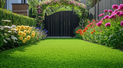 Fototapeta premium Beautiful garden with vibrant flowers and green grass in the small backyard of an English townhouse