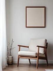 A cozy wooden chair sits near a framed picture