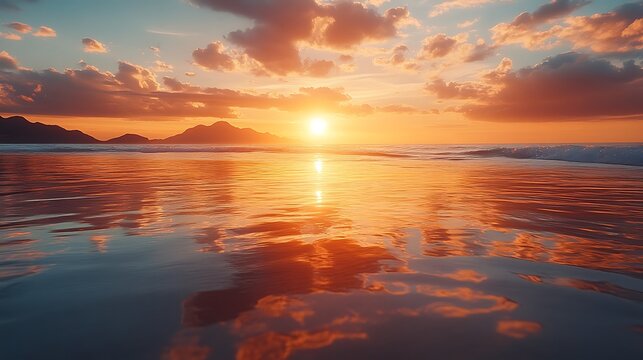 Calm ocean waves under golden sunset and colorful clouds high resolution hd image