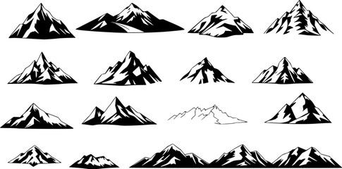 Engraved mountain icon set. Monochrome vector illustrations of landscapes peaks and rivers.