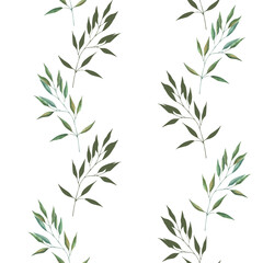 Naklejka premium Seamless pattern with watercolor illustrations of various herbs. Seamless texture with hand-drawn green branches. Ideal for wedding, birthday, seasonal holidays.