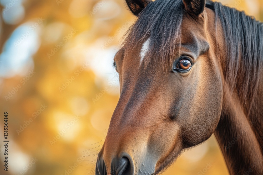 Poster close up of a brown horse with a shiny coat against a blurred autumn background showcasing beautiful