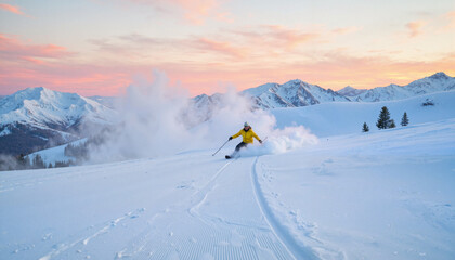 Lone skier gracefully descending snowy trail at dusk, winter adventure