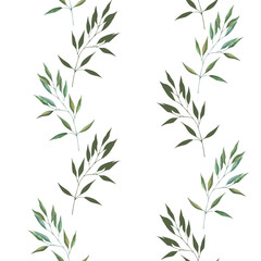 Fototapeta premium Seamless pattern with watercolor illustrations of various herbs. Seamless texture with hand-drawn green branches. Ideal for wedding, birthday, seasonal holidays.