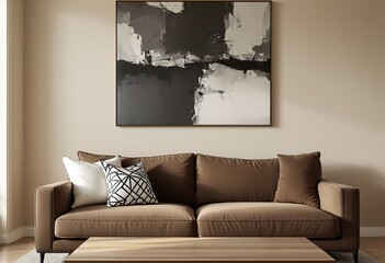 A modern living room with a tan couch and abstract painting on the wall.