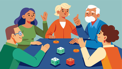 Residents of the neighborhood community center take turns rolling the dice in a game of Yahtzee calling out their scores and cheering on their fellow players.. Vector illustration