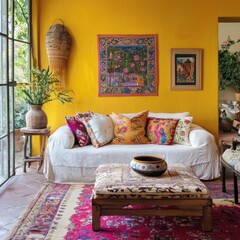 A vibrant yellow interior showcases a sofa and oriental style rug