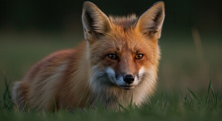 Fototapeta premium Resting Red Fox Portrait in Grassy Field During Evening Light